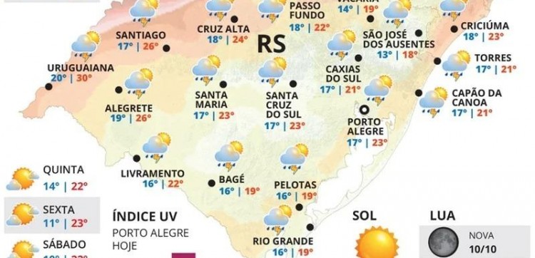 Segunda-feira (28) será de chuva forte e risco de granizo no RS