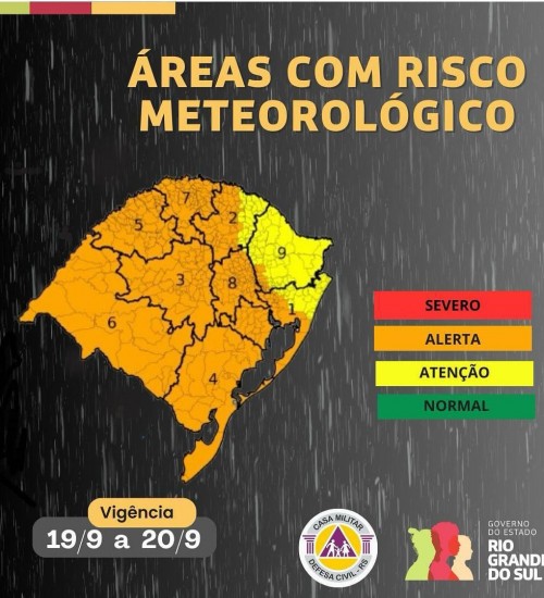 Defesa Civil emite alerta de temporal para seis regiões do RS
