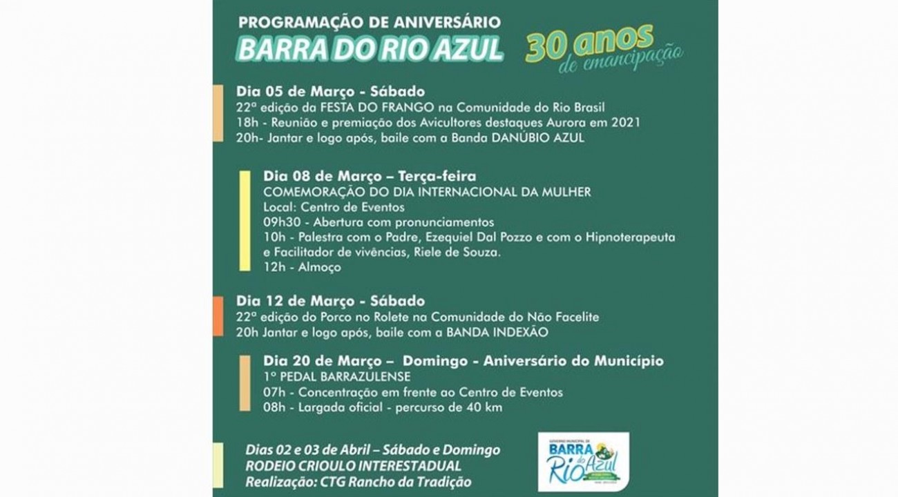 Barra do Rio Azul divulga programação em comemoração ao aniversário do município.