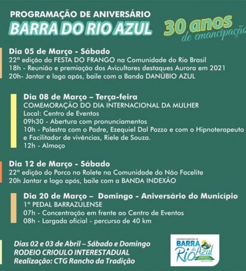 Barra do Rio Azul divulga programação em comemoração ao aniversário do município.